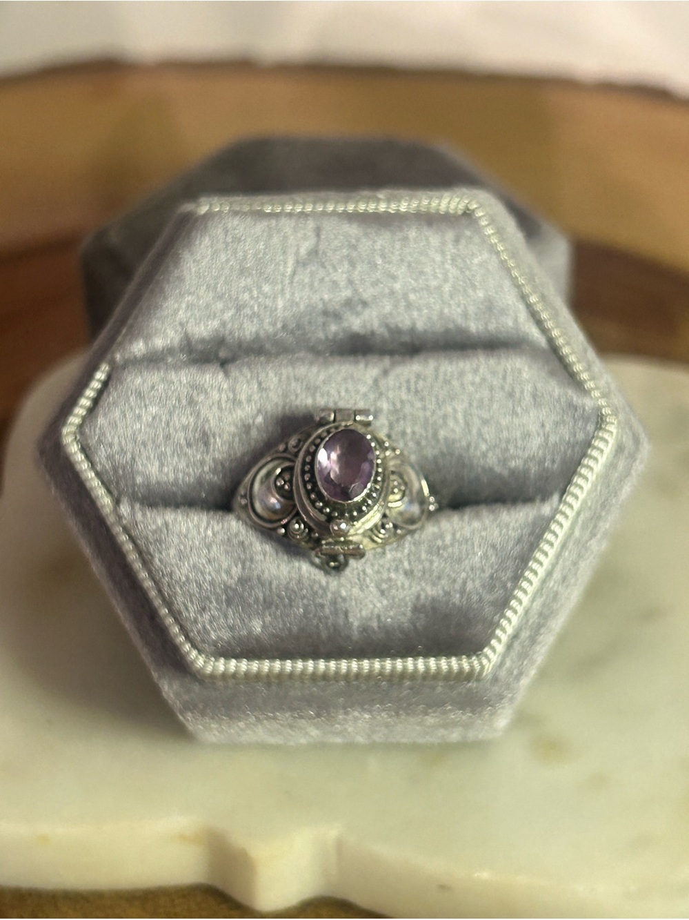 NWOT Sterling Silver 925 Amethyst Secret Compartment Poison Ring - Sz 8